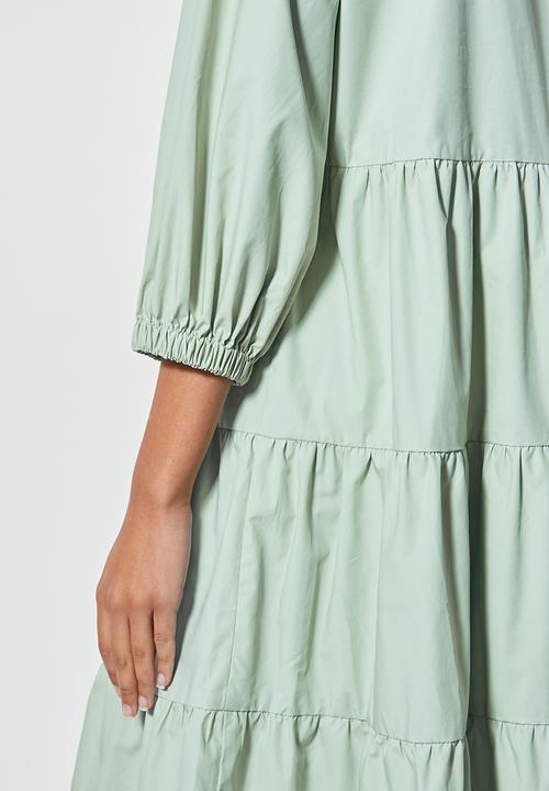 Superbalist - Poplin mandarin collar tiered dress - sage