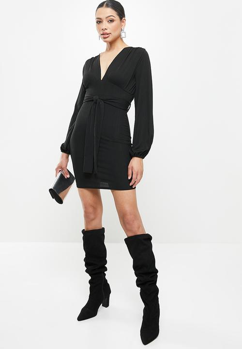 Missguided - Slinky tie belt plunge mini dress - black