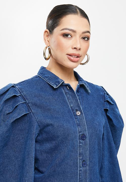 Missguided - Long sleeve puff sleeve shirt dress - blue