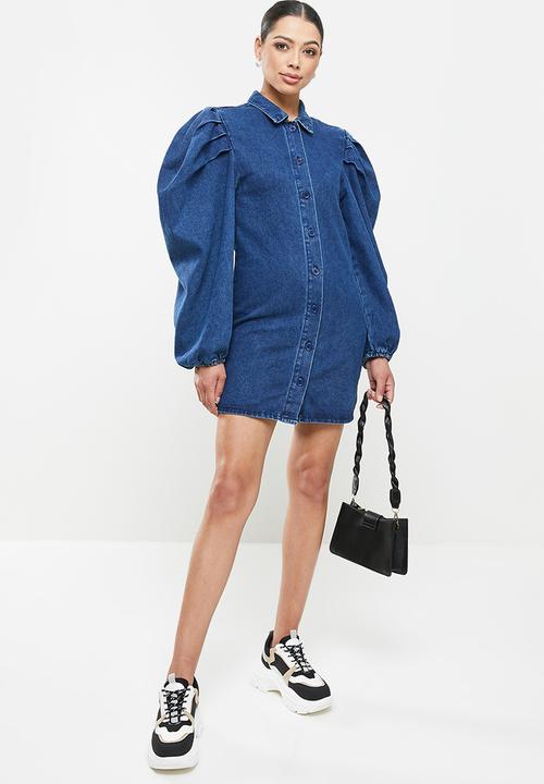 Missguided - Long sleeve puff sleeve shirt dress - blue