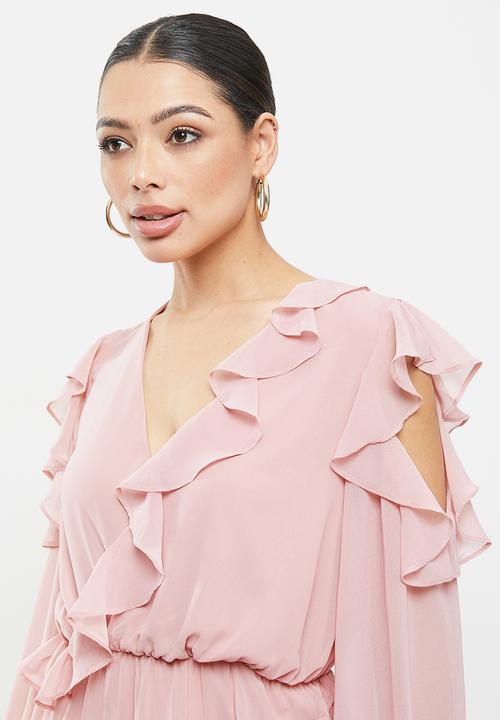 Missguided - Ruffle front wrap dress long sleeve - pink