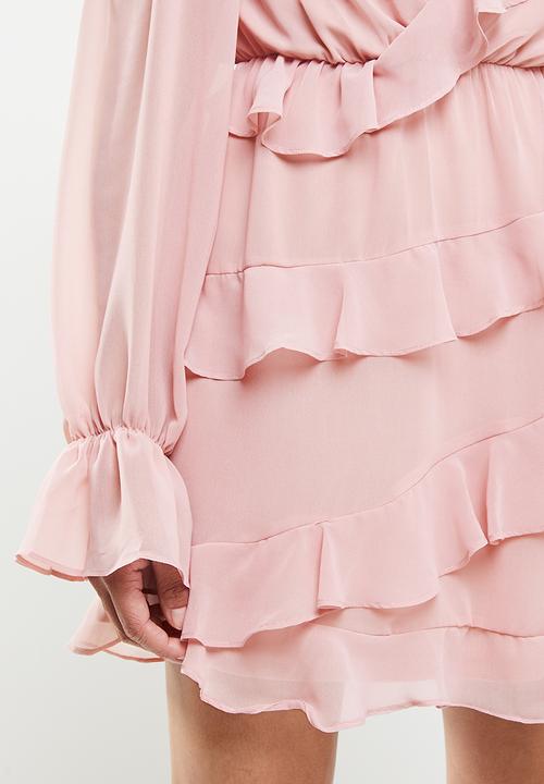 Missguided - Ruffle front wrap dress long sleeve - pink