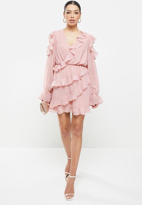 Missguided - Ruffle front wrap dress long sleeve - pink