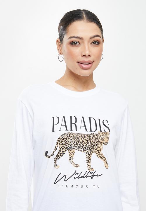 Missguided - Paradise leopard graphic long sleeve tee - white