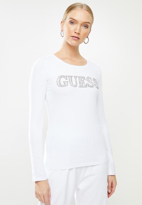 GUESS - Long sleeve contrast bling logo r3 tee - white