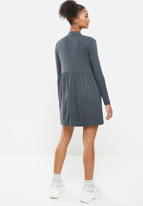 Blake - Long sleeve babydoll mini dress with turtleneck-flat charcoal