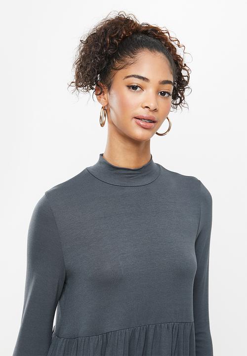 Blake - Long sleeve babydoll mini dress with turtleneck-flat charcoal