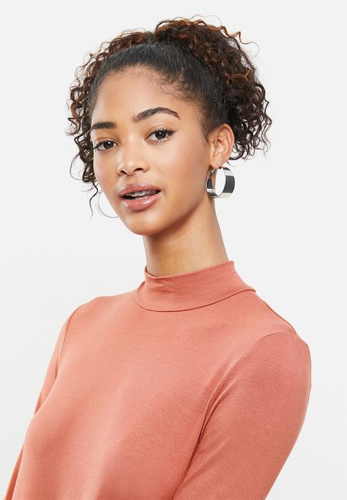 Blake - Long sleeve babydoll mini dress with turtleneck- clay