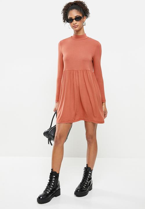 Blake - Long sleeve babydoll mini dress with turtleneck- clay