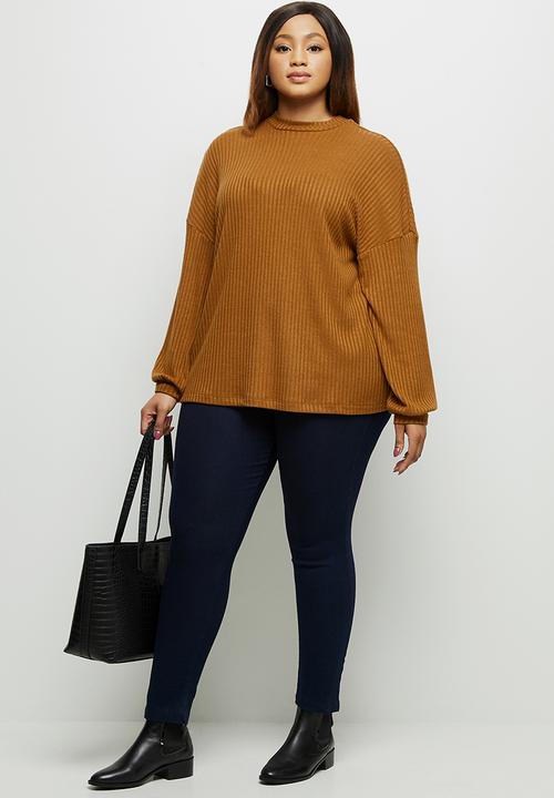 edit Plus - Long sleeve high neck balloon drop shoulder top - tobacco