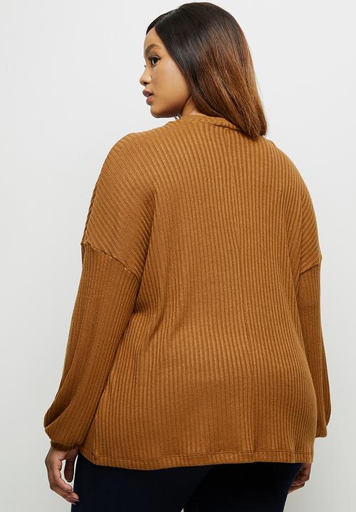 edit Plus - Long sleeve high neck balloon drop shoulder top - tobacco