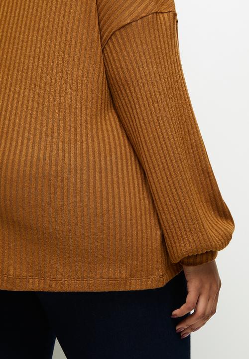 edit Plus - Long sleeve high neck balloon drop shoulder top - tobacco