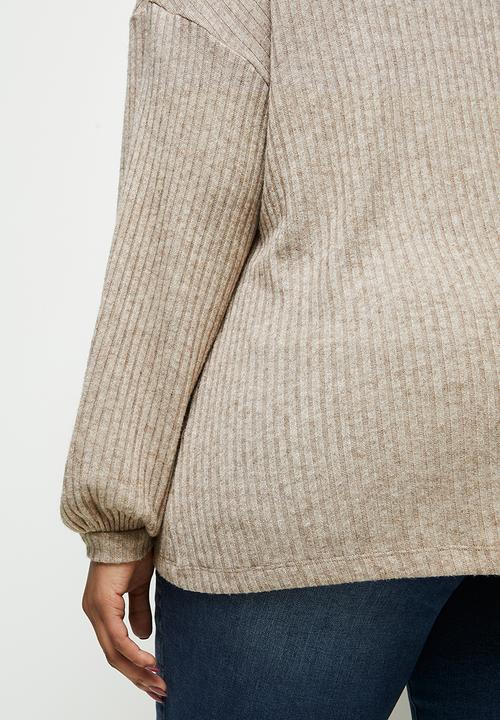 edit Plus - Long sleeve high neck balloon drop shoulder top - taupe