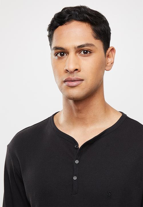 Superbalist - 2-pack premium ribbed long sleeve henley sleep top - black