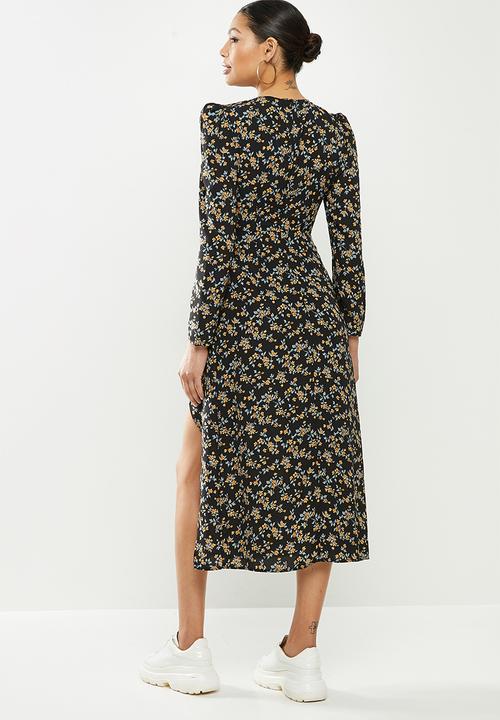 Missguided - Crew neck midi dress long sleeve  floral - black