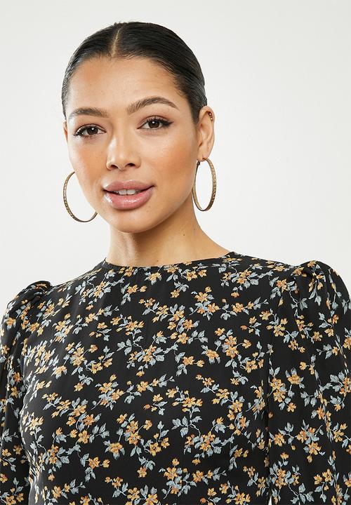 Missguided - Crew neck midi dress long sleeve  floral - black