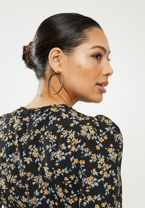 Missguided - Crew neck midi dress long sleeve  floral - black