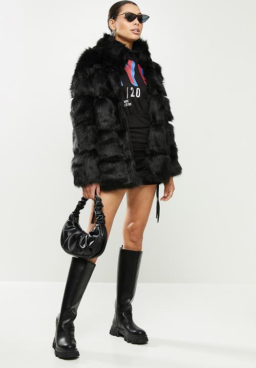 Missguided - Stand collar pelted faux fur coat - black