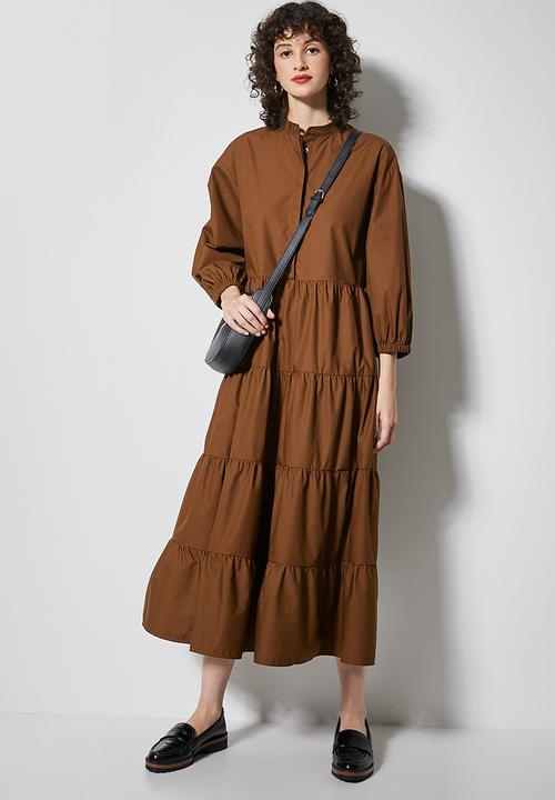 Superbalist - Poplin mandarin collar tiered dress - brown