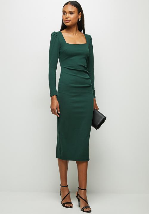 MILLA - Knit square neck dress with tucks - green