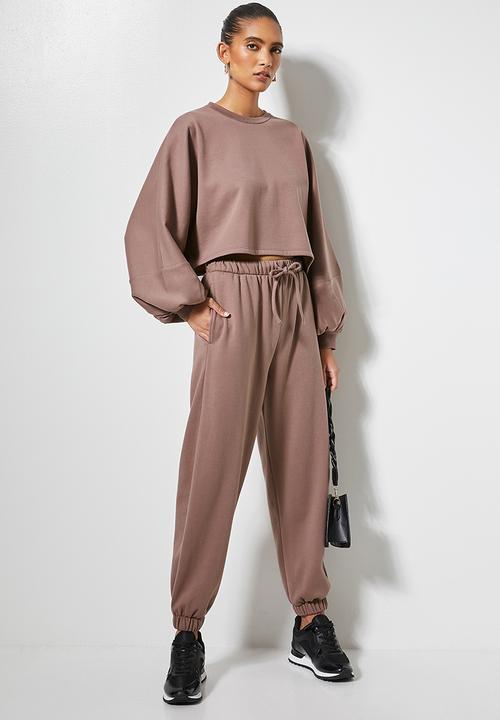 VELVET - Slouch fleece tapered leg track pant - brown