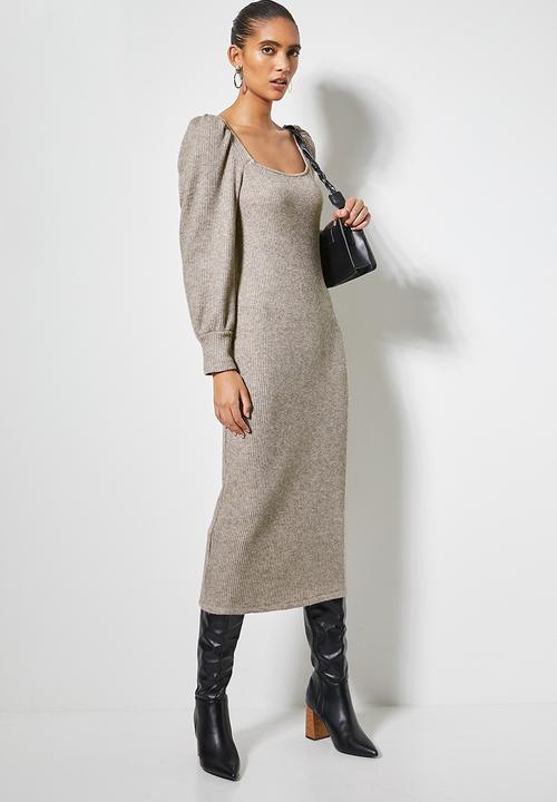 VELVET - Soft touch square neck midi column dress - taupe