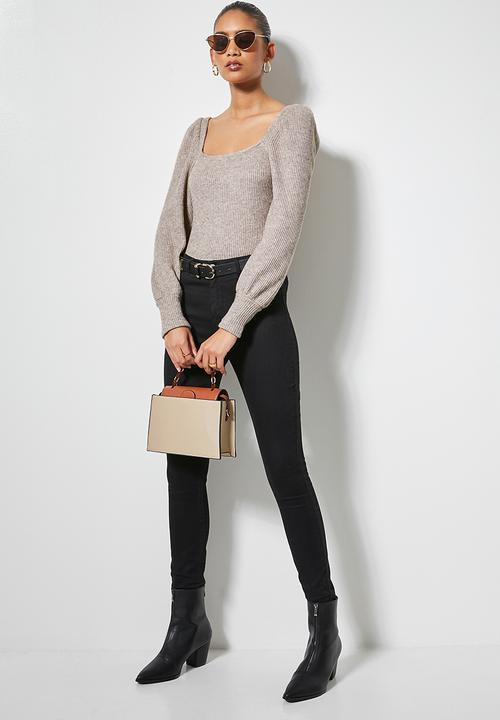 VELVET - Square neck soft touch puff sleeve top - taupe 