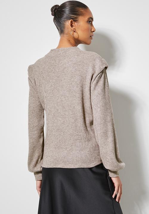 VELVET - Brushed knit panel shoulder tuck styled top - taupe 