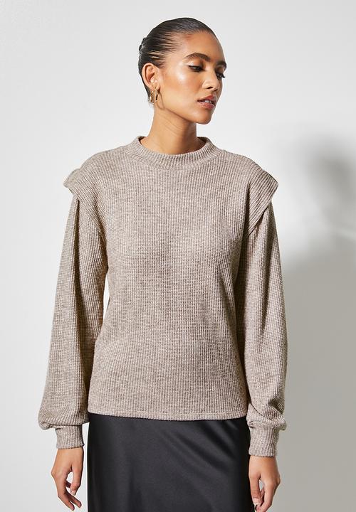 VELVET - Brushed knit panel shoulder tuck styled top - taupe 