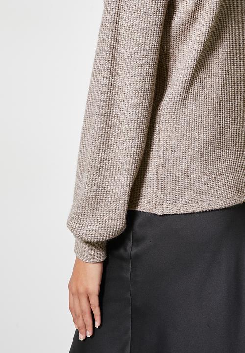 VELVET - Brushed knit panel shoulder tuck styled top - taupe 