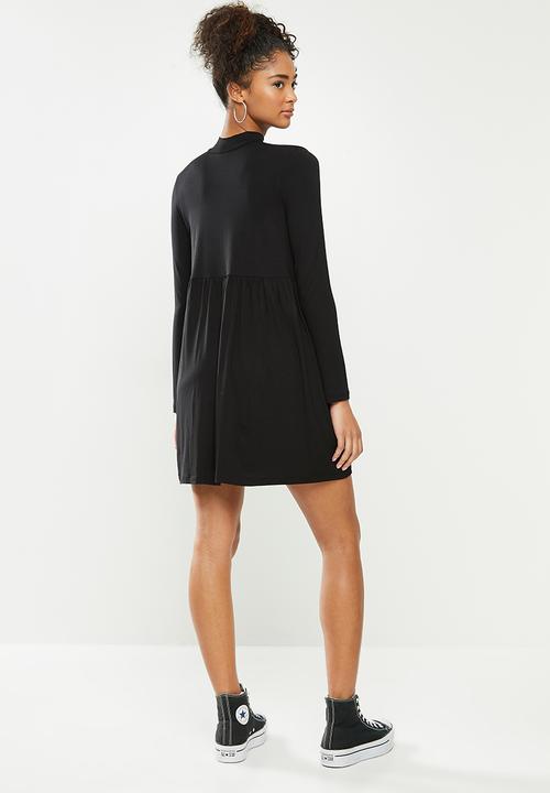 Blake - Long sleeve babydoll mini dress with turtleneck - black