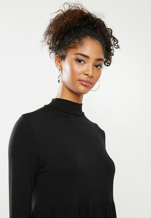 Blake - Long sleeve babydoll mini dress with turtleneck - black