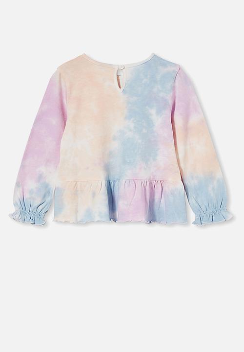 Cotton On - Bridget long sleeve frill top - aqua rainbow tie dye