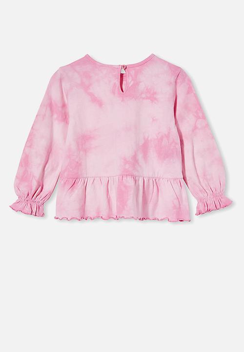 Cotton On - Bridget long sleeve frill top - pink gerbera/ tie dye
