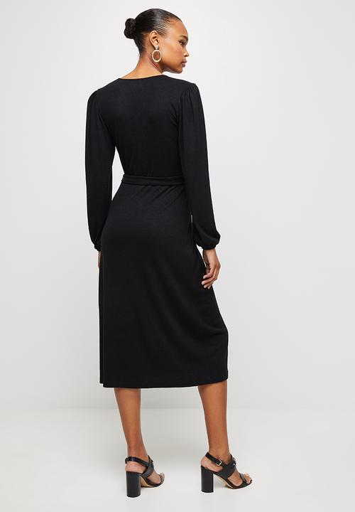 edit - Warm handle balloon sleeve wrap dress - black