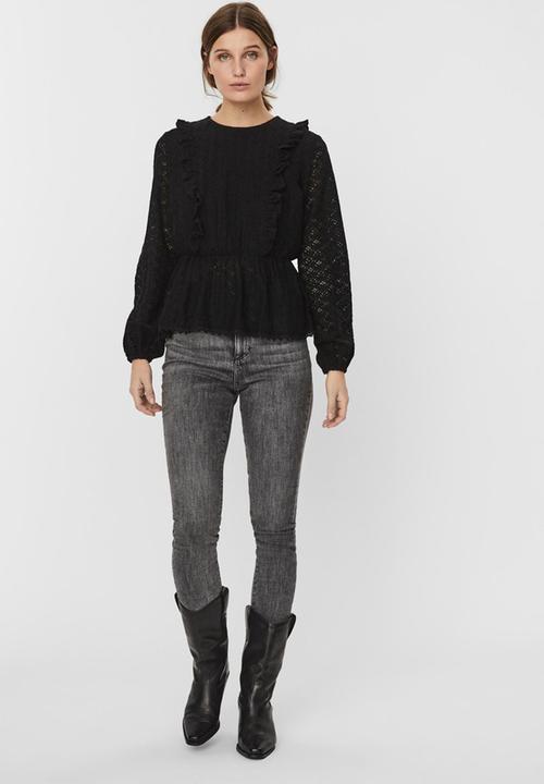 Vero Moda - Henny lace long sleeve peplum top - black