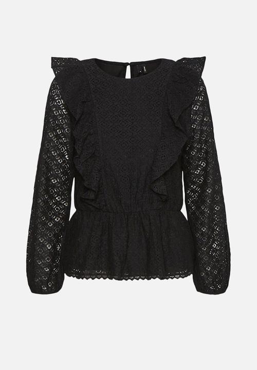 Vero Moda - Henny lace long sleeve peplum top - black