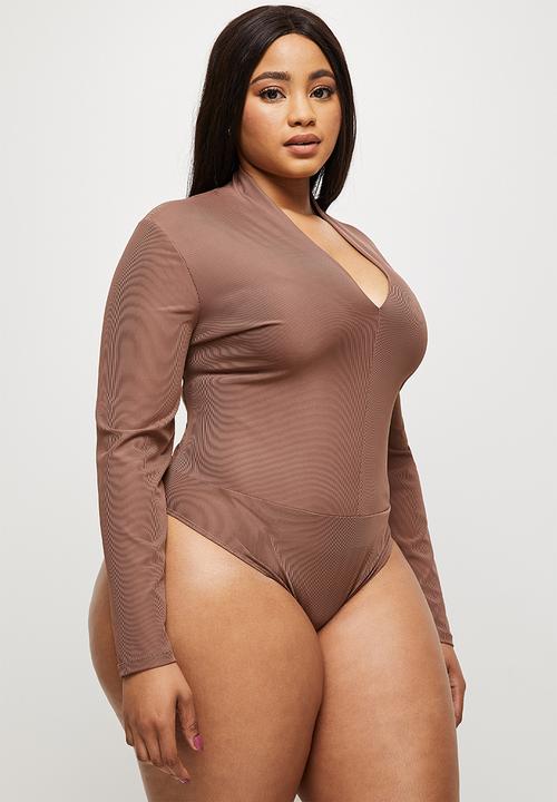 MILLA - Ribbed V-neck bodysuit - brown 