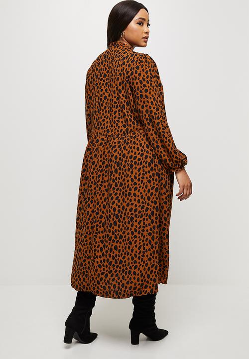 MILLA - Piecrust neck pleated midi dress - brown & black 