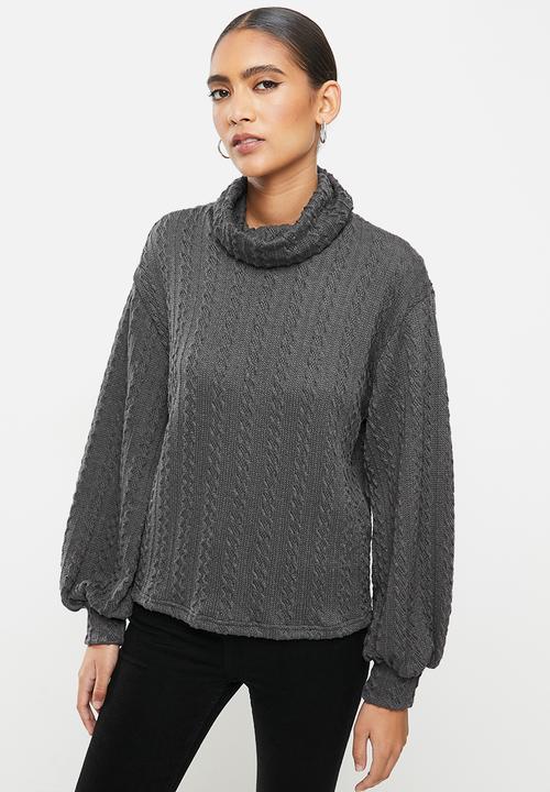 Me&B - Grey cowl neck cable knit top with bellow sleeve - grey