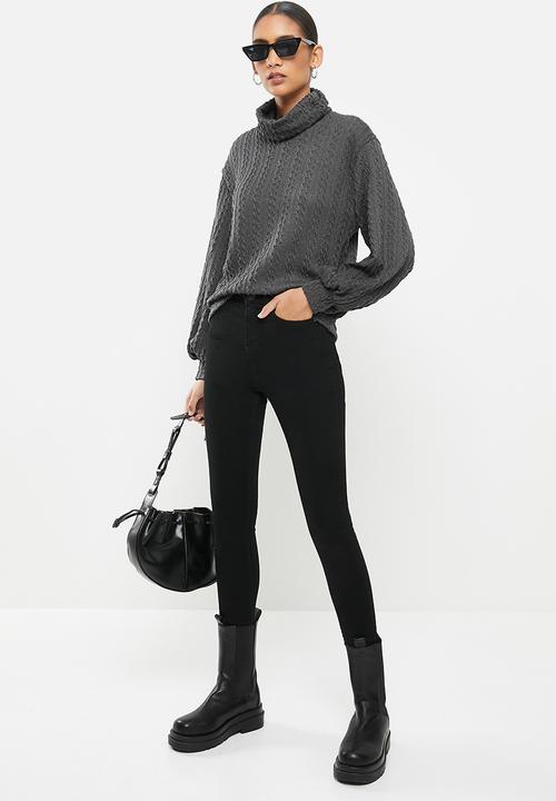 Me&B - Grey cowl neck cable knit top with bellow sleeve - grey