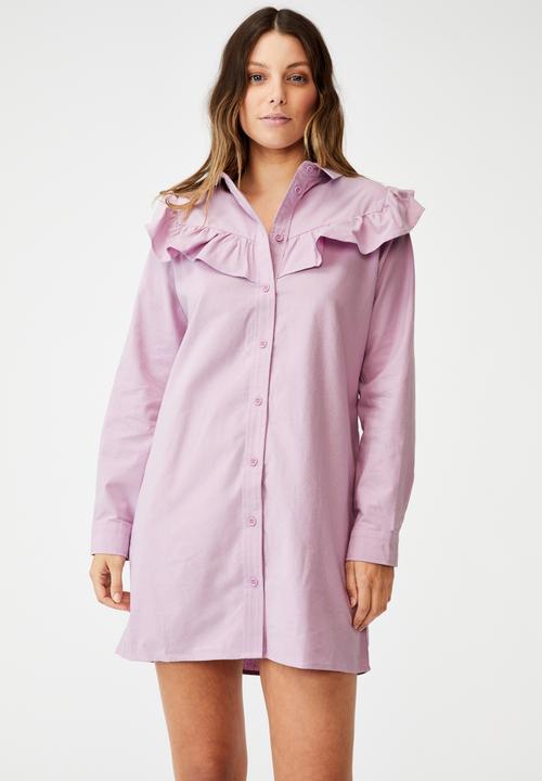Cotton On - Woven jade long sleeve ruffle shirt mini dress - soft mauve