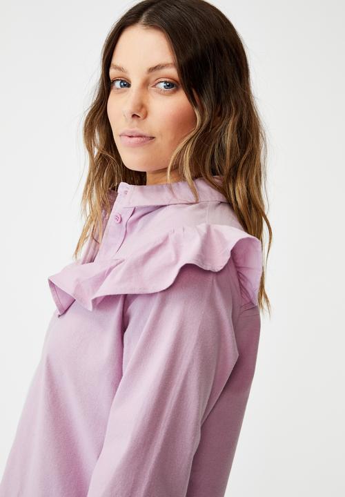 Cotton On - Woven jade long sleeve ruffle shirt mini dress - soft mauve