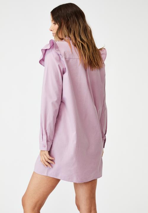 Cotton On - Woven jade long sleeve ruffle shirt mini dress - soft mauve