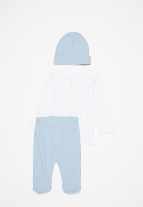 Pop Candy - 3 pack top, pants & bib set - white & baby blue 1