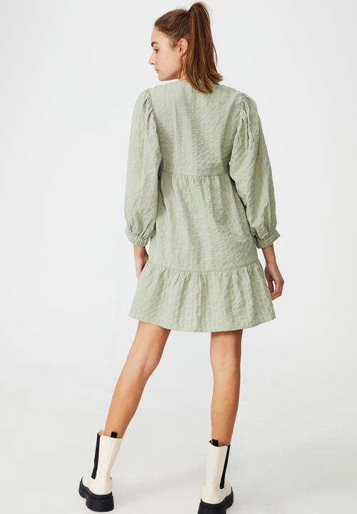 Cotton On - Woven zerha long sleeve smock mini dress - sage