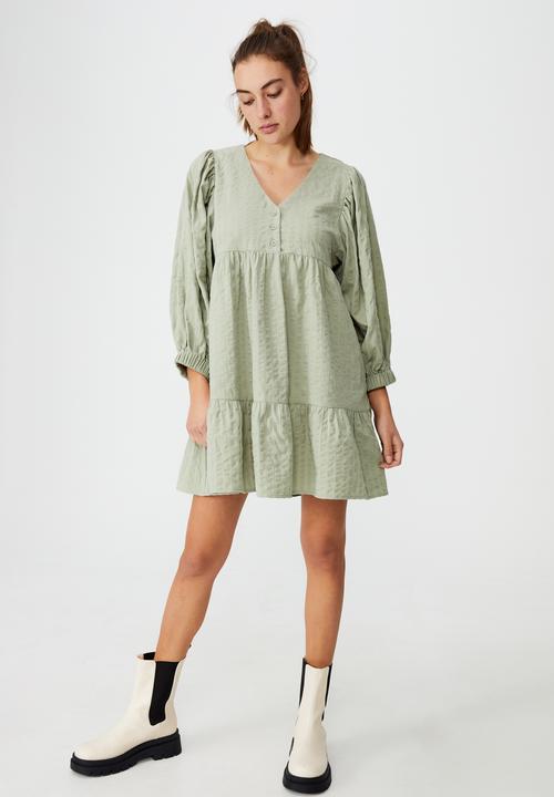 Cotton On - Woven zerha long sleeve smock mini dress - sage