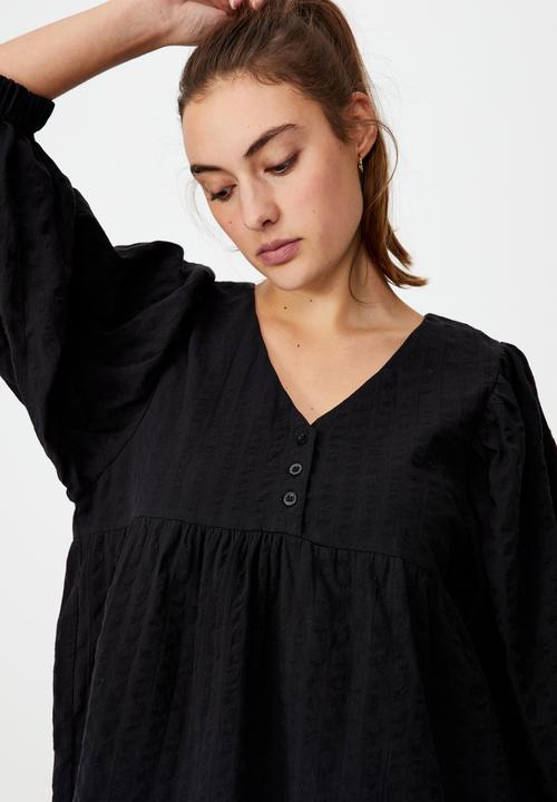 Cotton On - Woven zerha long sleeve smock mini dress - black