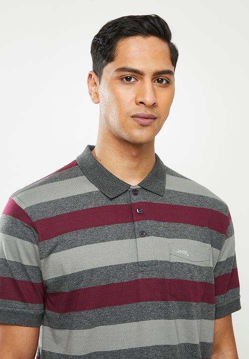 JEEP - Graham short sleeve yd multi stripe golfer - grey & burgundy 