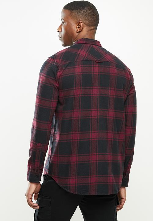 JEEP - Howard long sleeve flannel yd check shirt - burgundy & black 